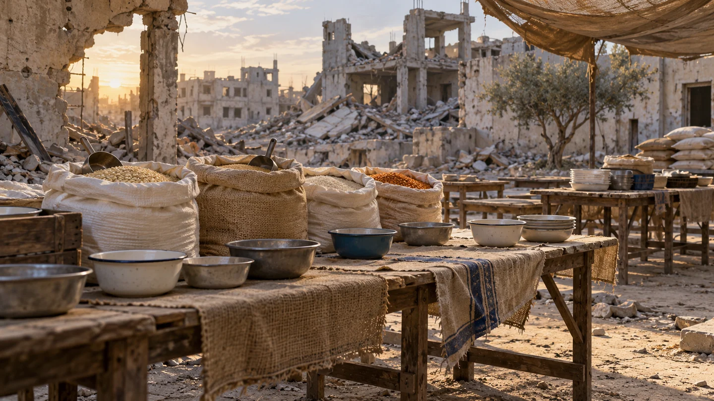 Table de distribution alimentaire et récipients vides dans une rue endommagée de Gaza.