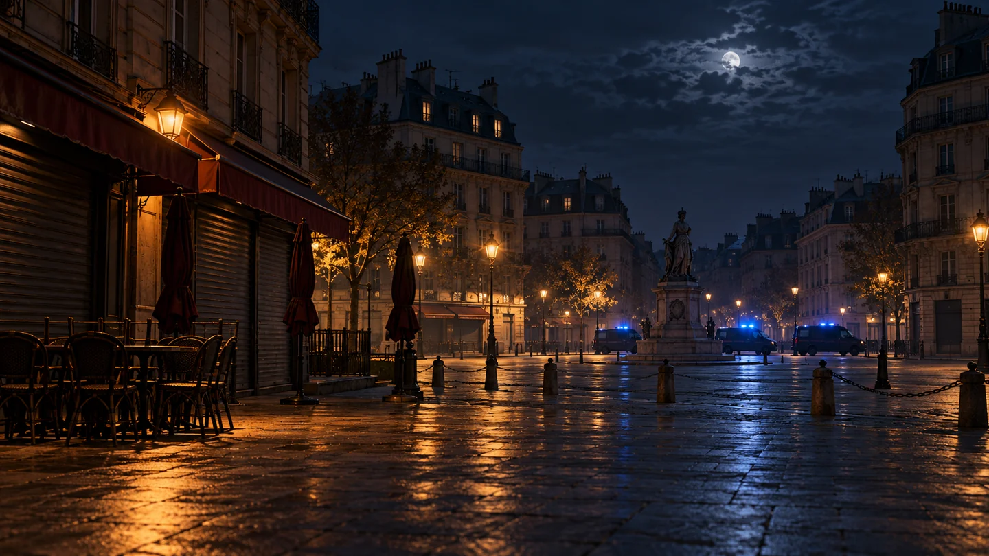 Place française presque déserte la nuit, commerces fermés.