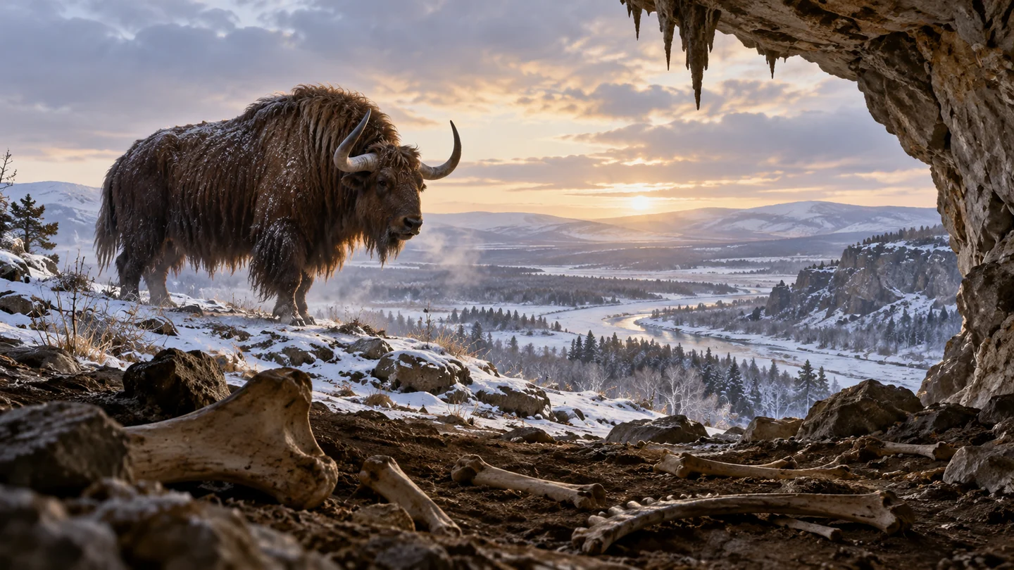 Reconstitution hypothétique d’un bovidé velu près d’une grotte de l’âge glaciaire.
