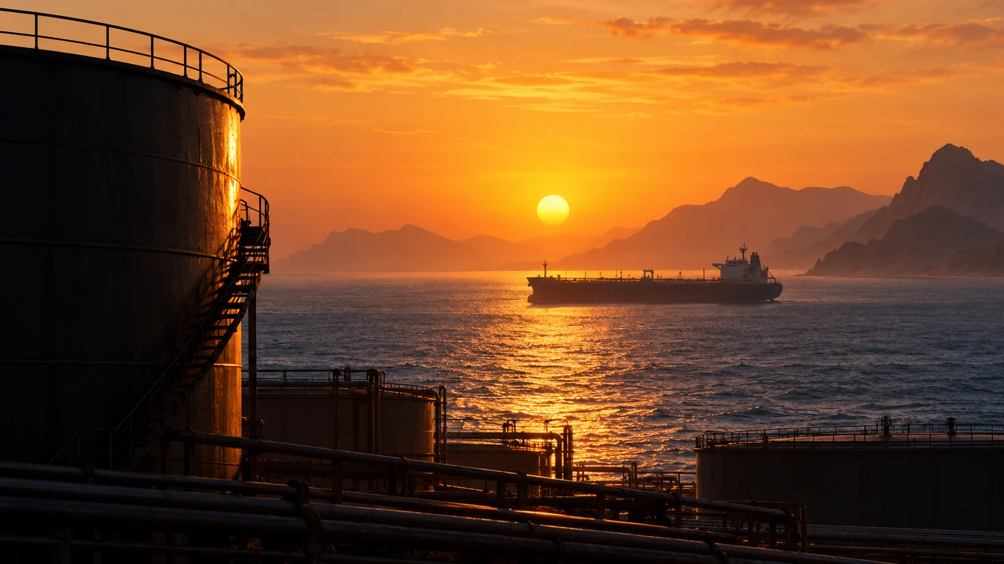 Pétrolier au loin et réservoirs de stockage au coucher du soleil.