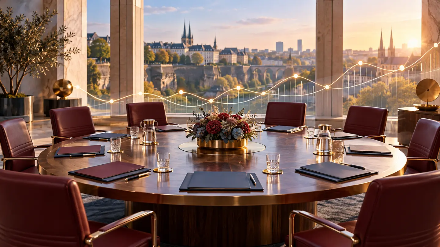 Table institutionnelle vide donnant sur Luxembourg, avec des courbes abstraites.