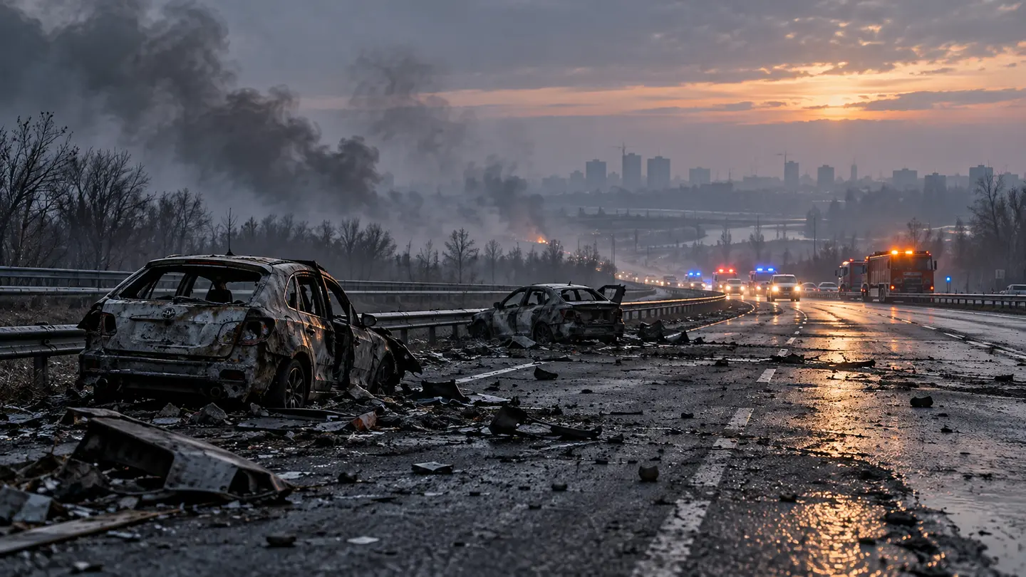 Route endommagée près de Kyiv à l’aube, véhicules brûlés et secours au loin.