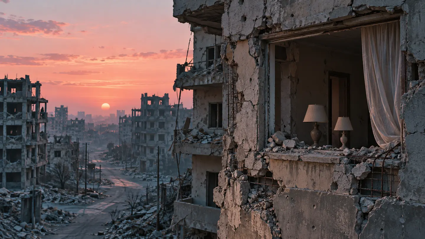 Façade d’immeuble détruite à Gaza à l’aube, sans personne visible.