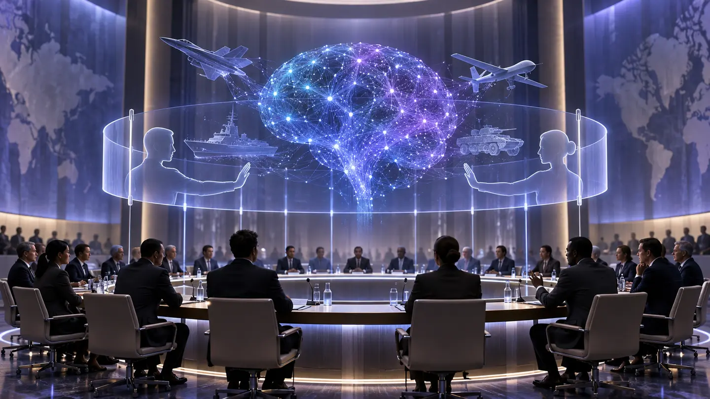 Chambre internationale abstraite, réseau neuronal lumineux au-dessus d’une table ronde.