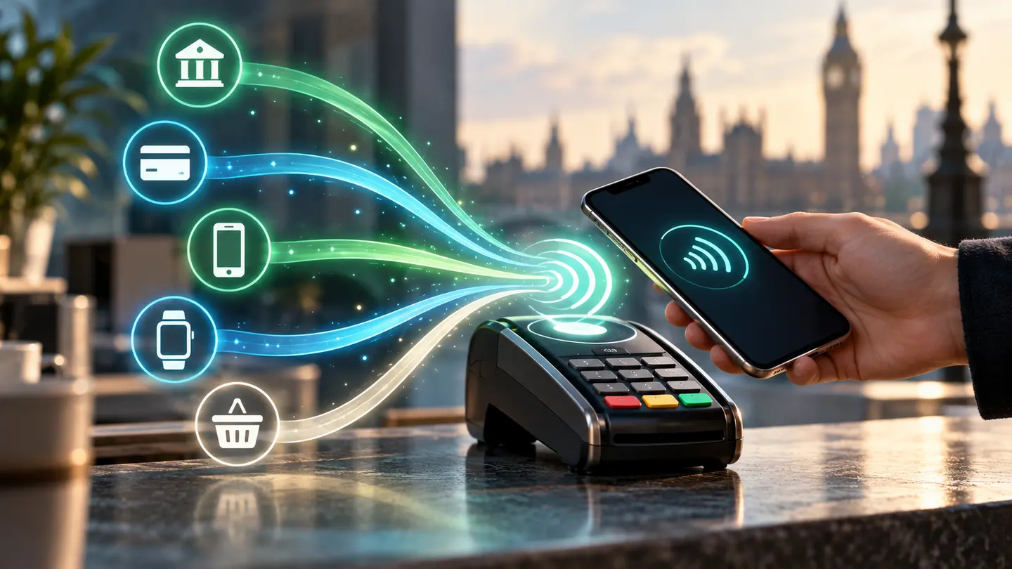 Téléphone générique près d’un terminal de paiement, plusieurs voies numériques ouvertes.