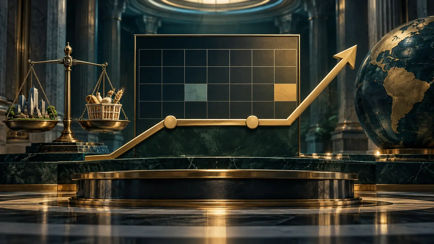Intérieur abstrait de banque centrale avec une courbe de taux qui marque une pause puis monte.