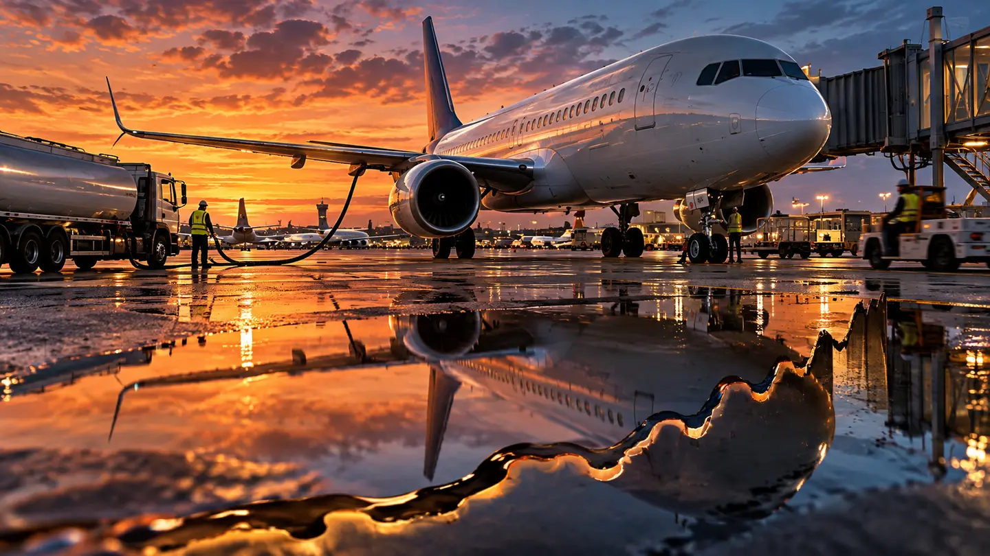 Avion de ligne générique au crépuscule, reflété dans une courbe abstraite de coûts.