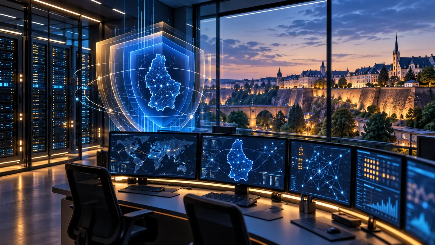 Salle sécurisée de coordination cyber, serveurs et silhouette géométrique de la ville de Luxembourg.
