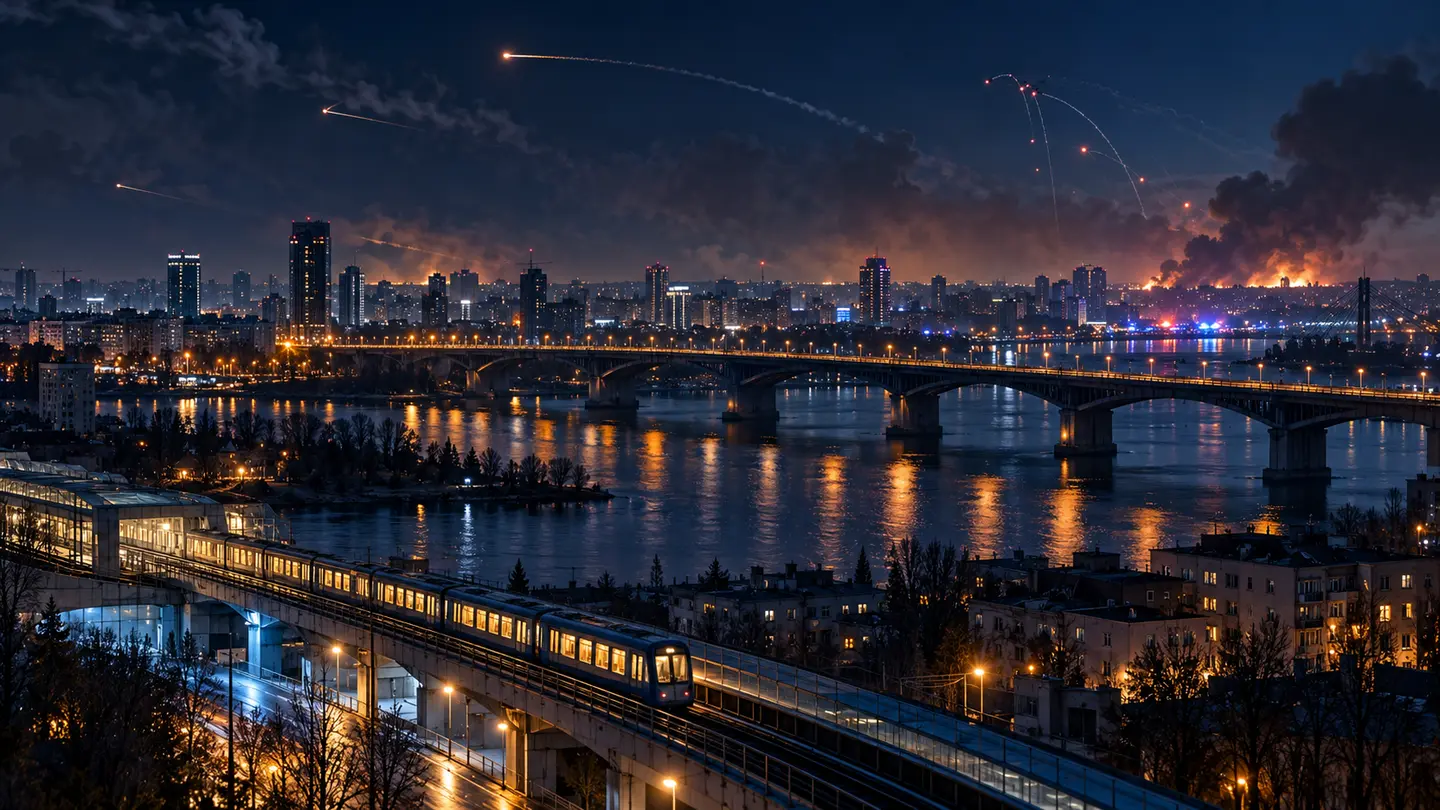 Horizon urbain nocturne, pont, infrastructure de transport et trajectoires lointaines de missiles et de drones.
