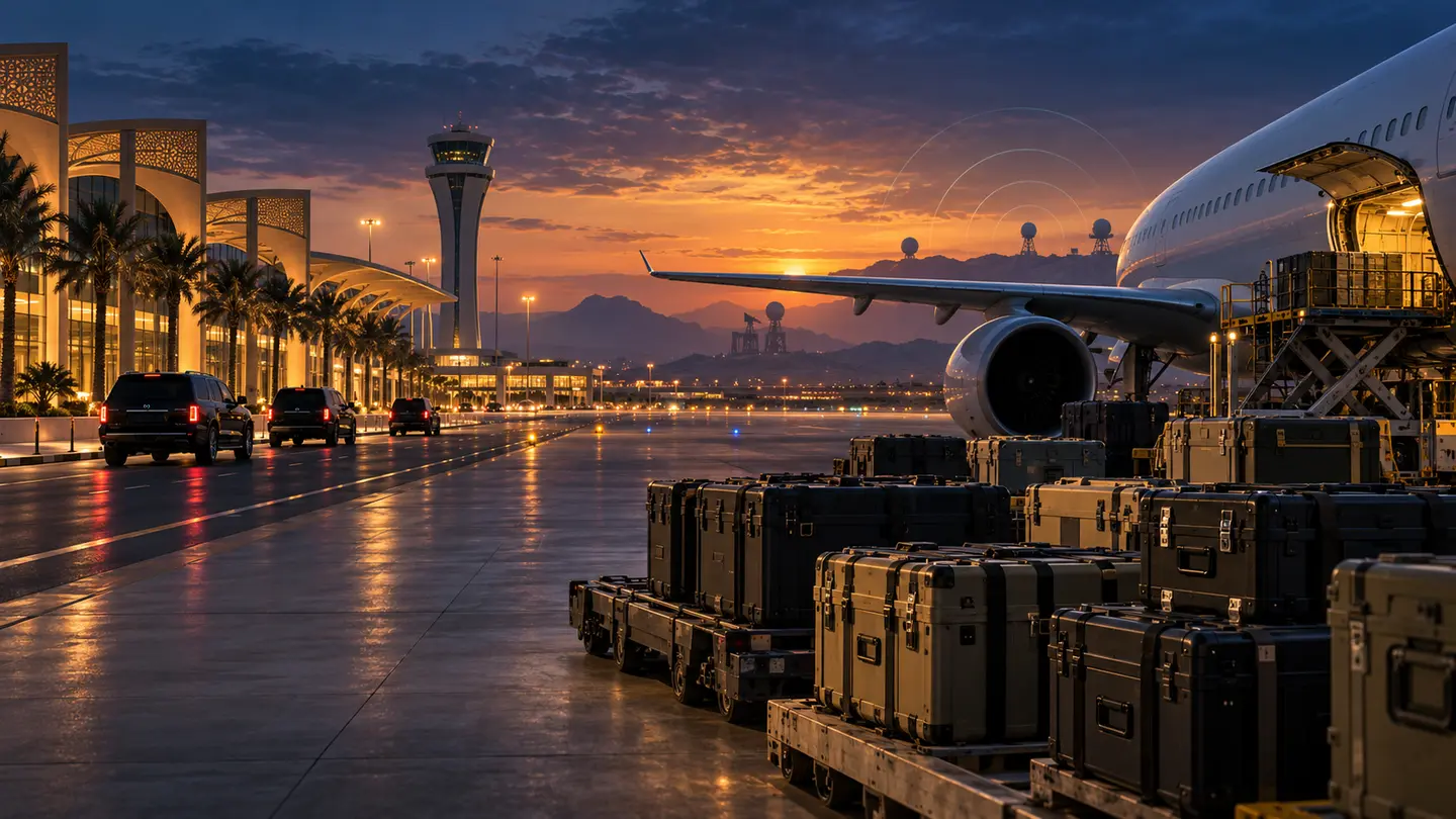 Aéroport du Golfe au crépuscule, avion générique, route d’accès et radar abstrait au loin.