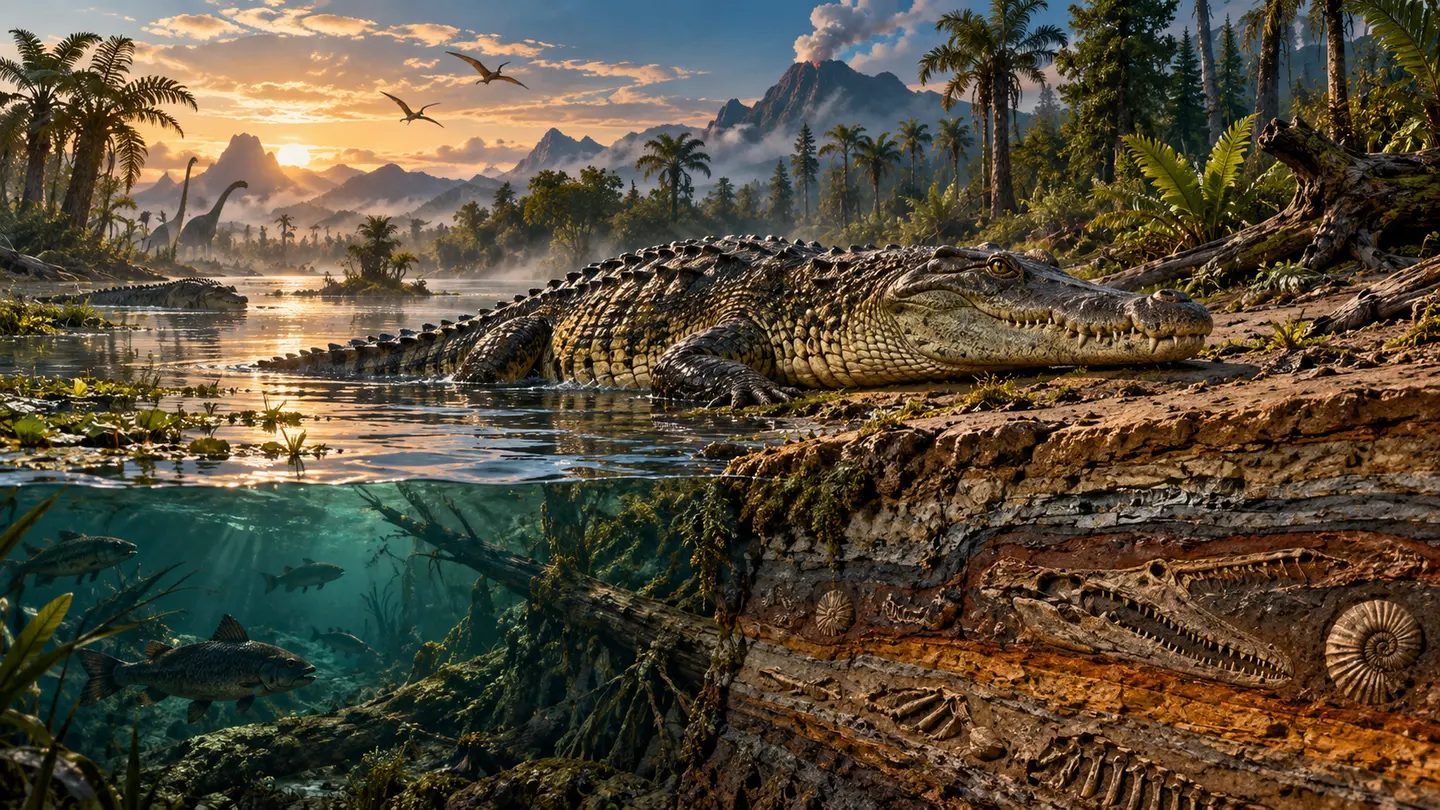 Crocodilien dans un marais chaud, avec des strates de paysage et des fossiles évoquant une longue histoire évolutive.