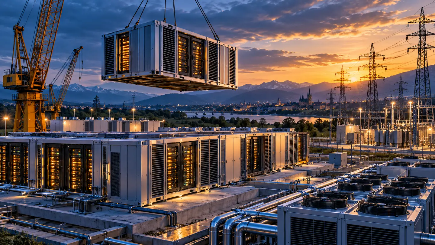 Centre de données modulaire générique en construction, modules techniques et lueurs de calcul dans un paysage européen.