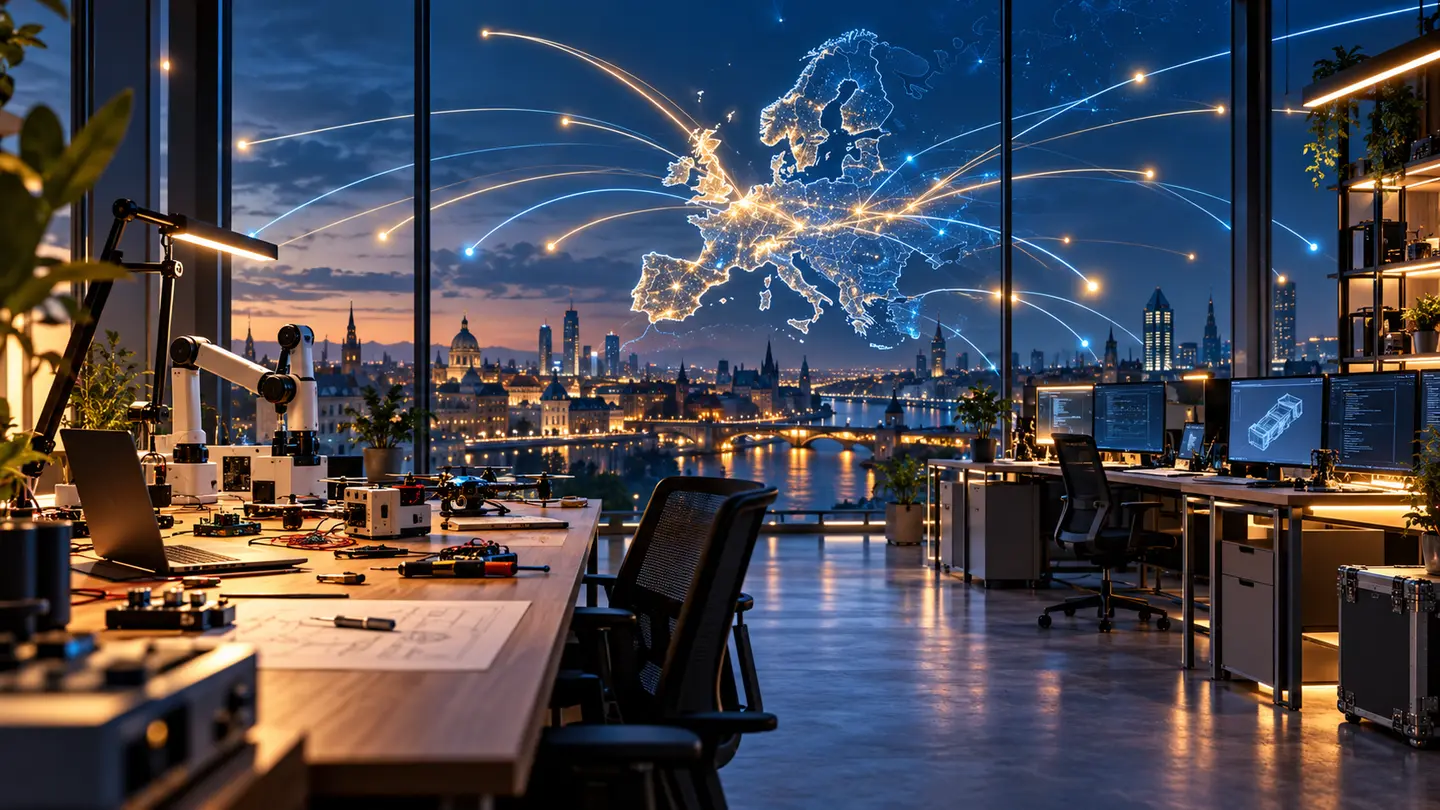 Espace de startup européen, postes de travail et réseau de données se ramifiant hors du continent.