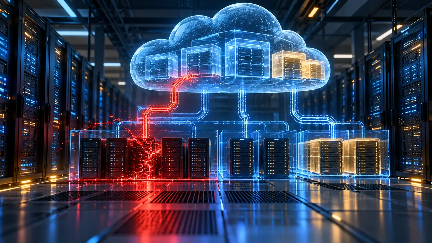 Nuage de sauvegarde au-dessus d’une salle de serveurs, traversé par un trajet numérique rouge contenu.