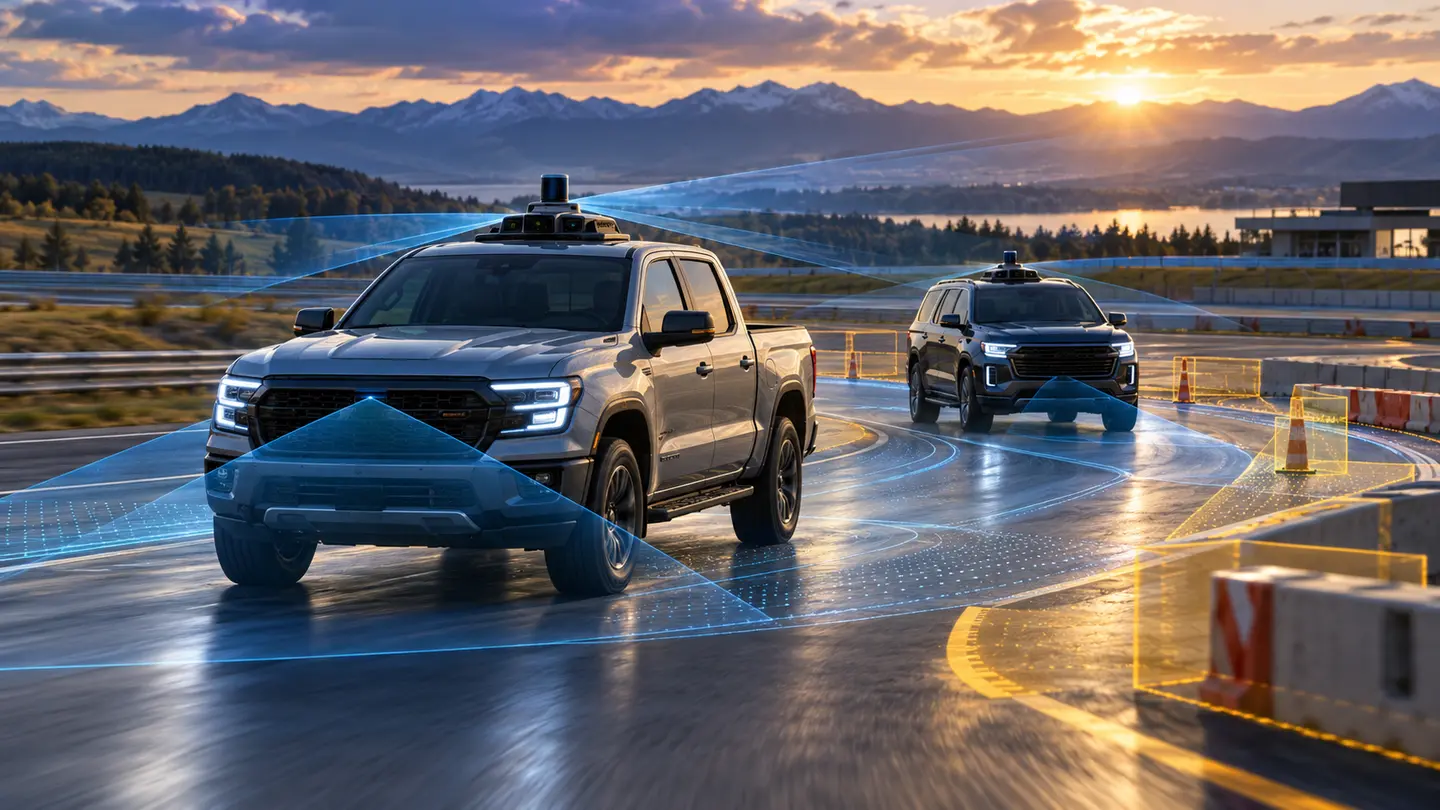 Pick-up et SUV génériques sur une piste d’essai autonome, capteurs abstraits et aucune marque visible.