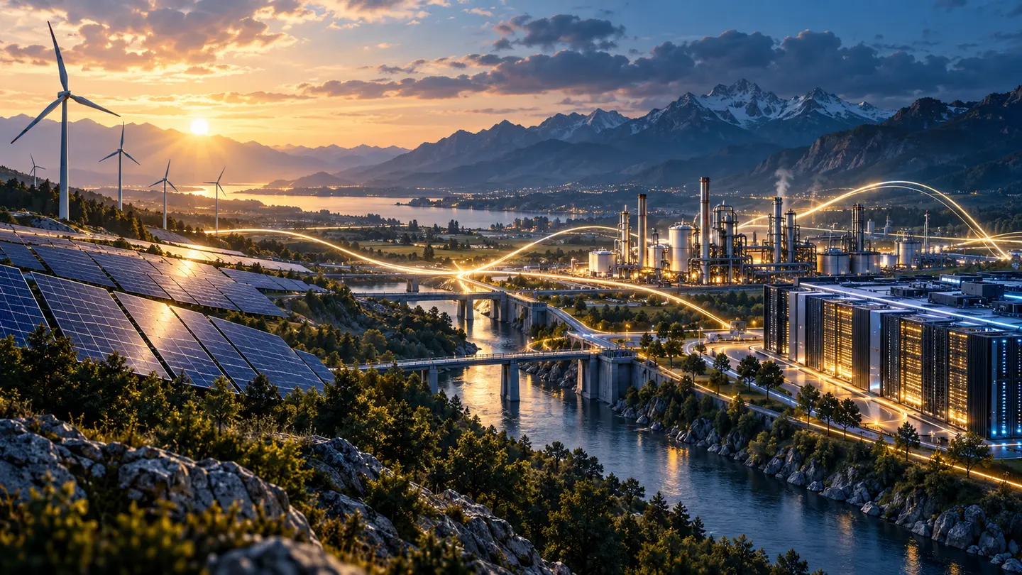 Réseau énergétique européen reliant renouvelables, industrie et centre de données sous une courbe économique abstraite.
