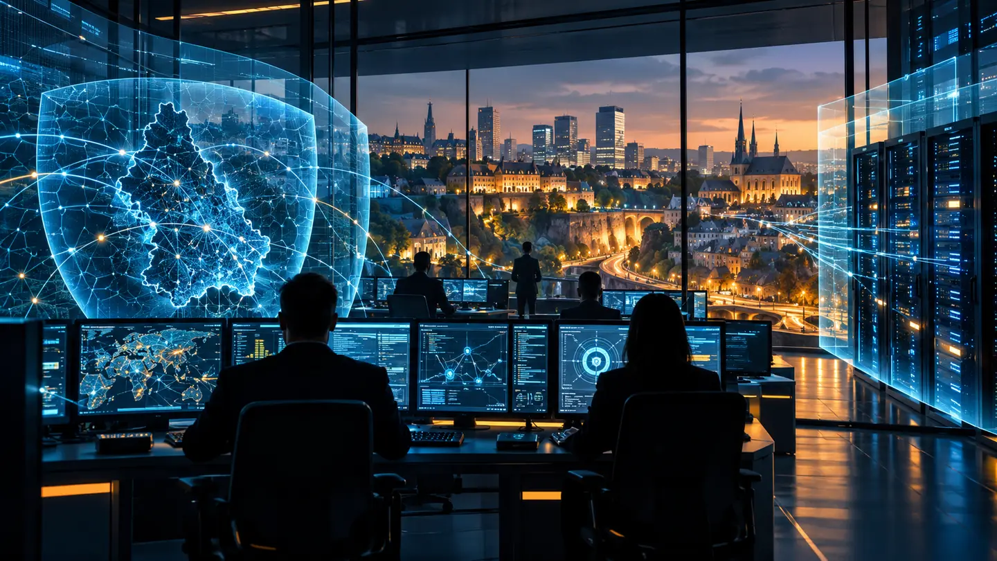 Centre de coordination cyber, serveurs génériques et silhouette abstraite de la ville de Luxembourg.