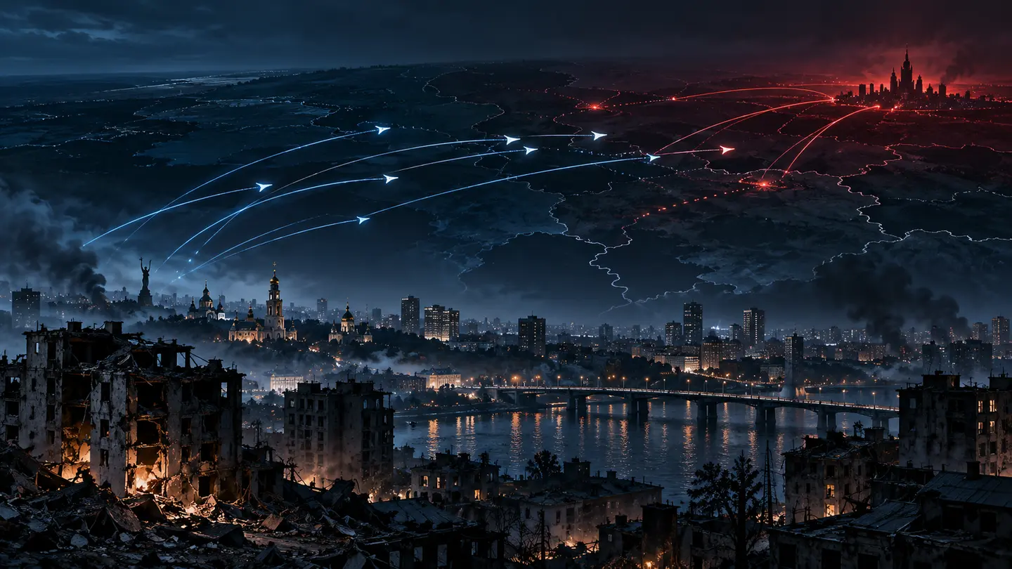Horizon urbain nocturne, trajectoires lointaines de missiles et de drones au-dessus d’infrastructures civiles.