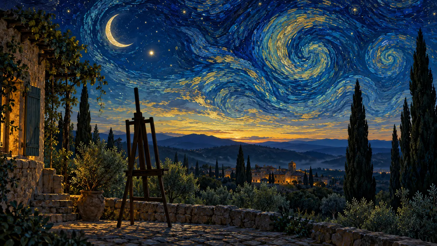 Ciel étoilé tourbillonnant au-dessus d’un village provençal générique, observé avec des instruments astronomiques.
