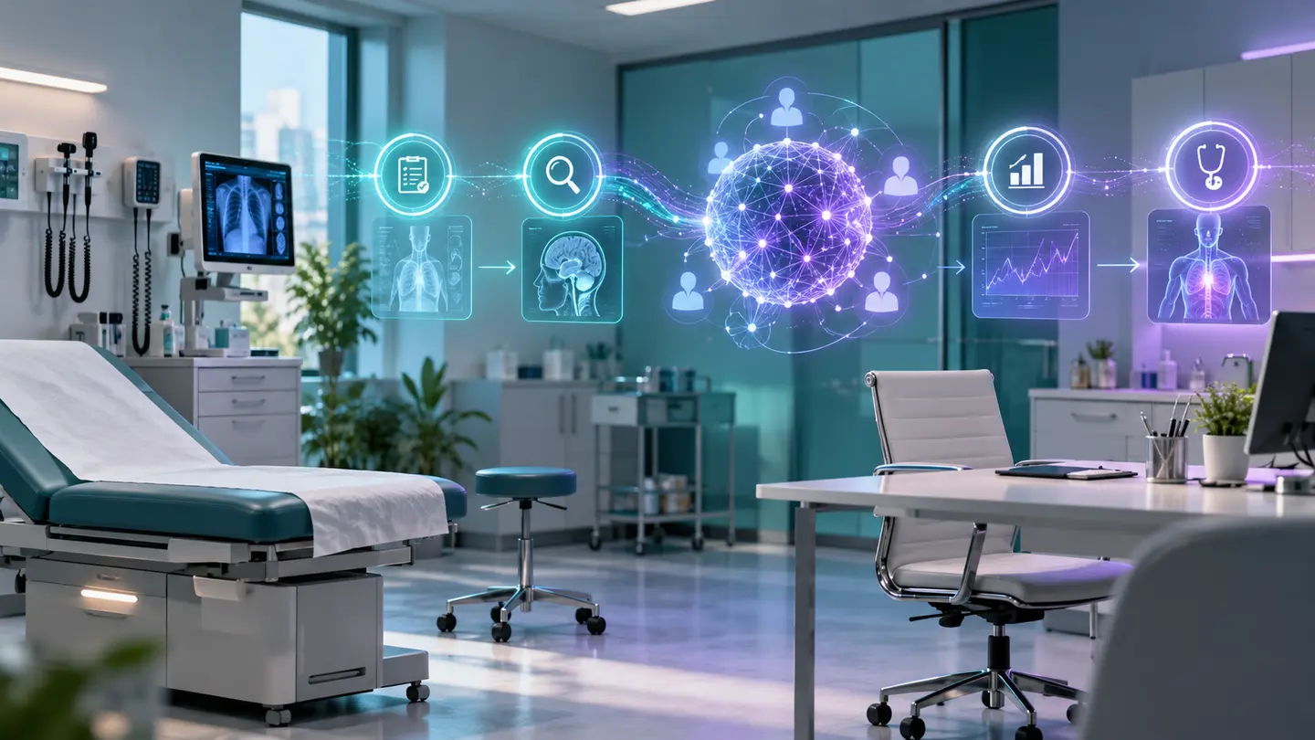Laboratoire clinique abstrait, parcours séquentiel d’examens et noyau d’intelligence artificielle.