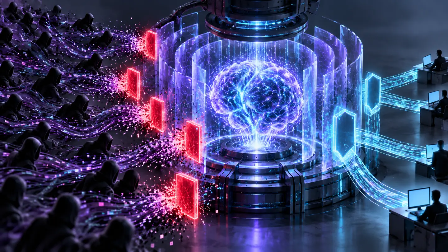 Noyau d’intelligence artificielle protégé par des barrières géométriques face à des flux de données extérieurs.