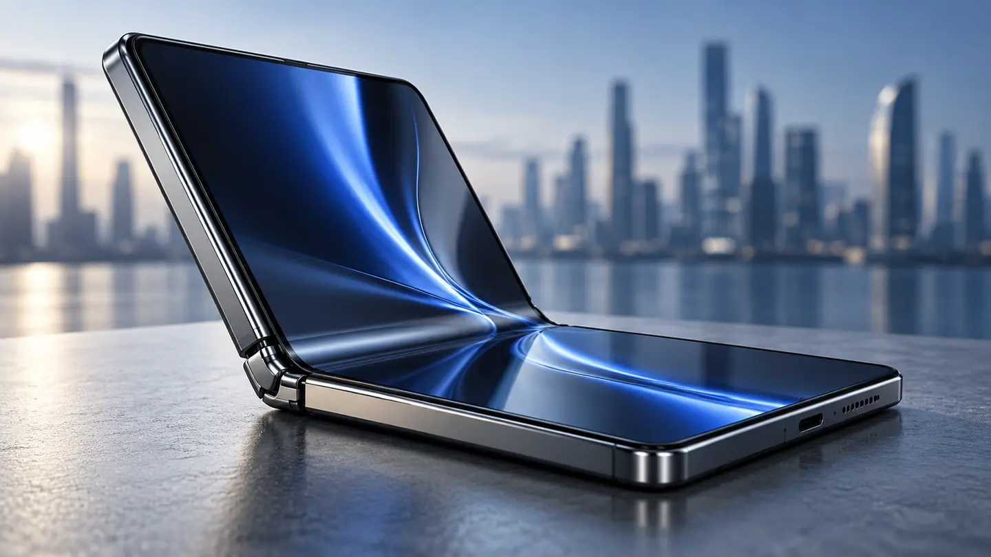 Téléphone pliable générique sans marque dans une boutique minimaliste dépourvue d’inscriptions.
