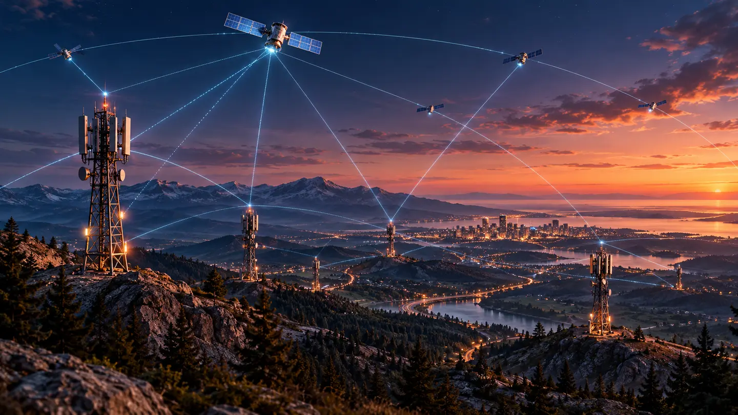 Réseau générique de tours mobiles et de satellites au-dessus d’une carte abstraite des États-Unis, sans marque.
