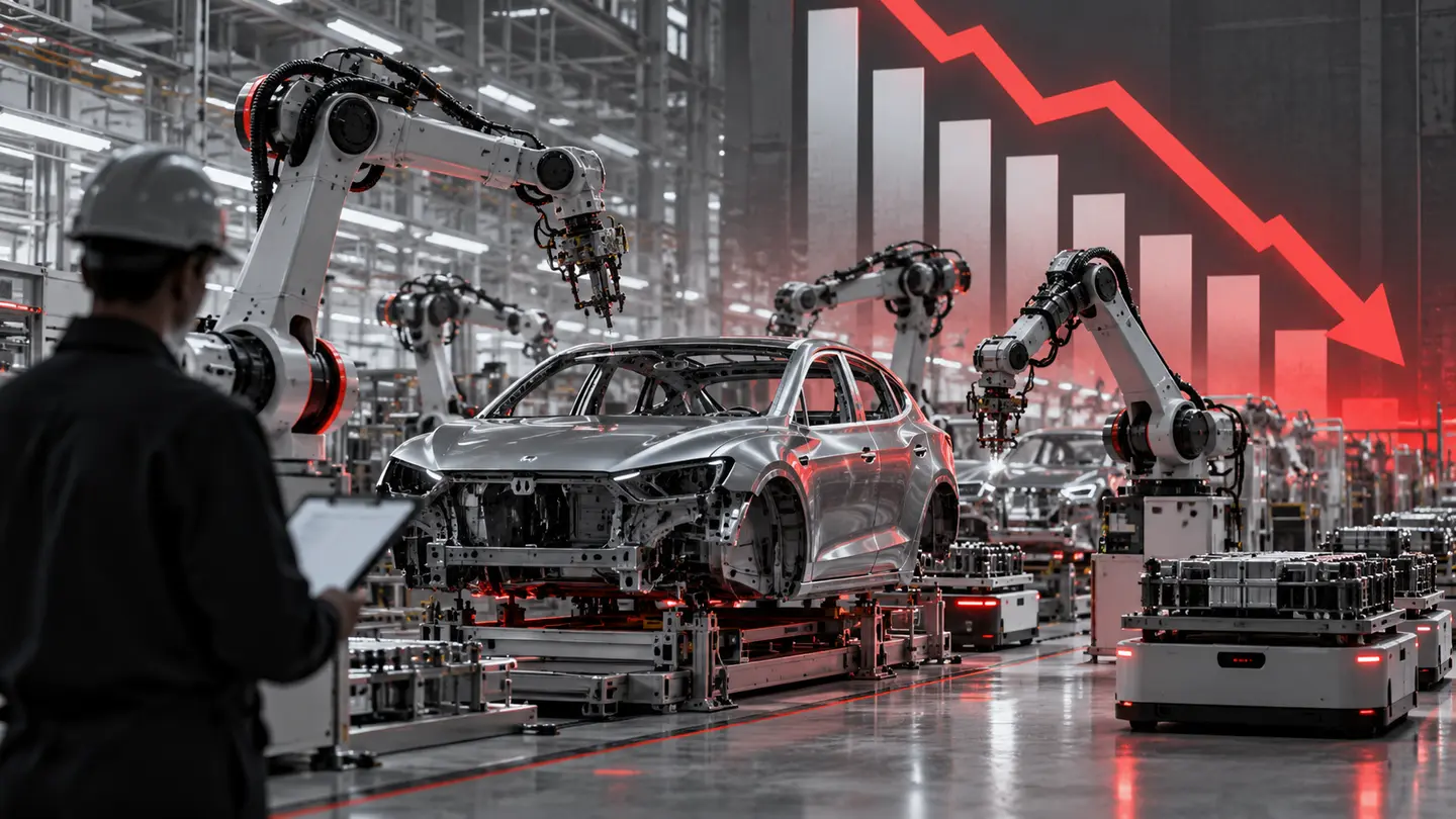 Usine automobile générique, robots industriels et courbe d’investissement descendante, sans marque.
