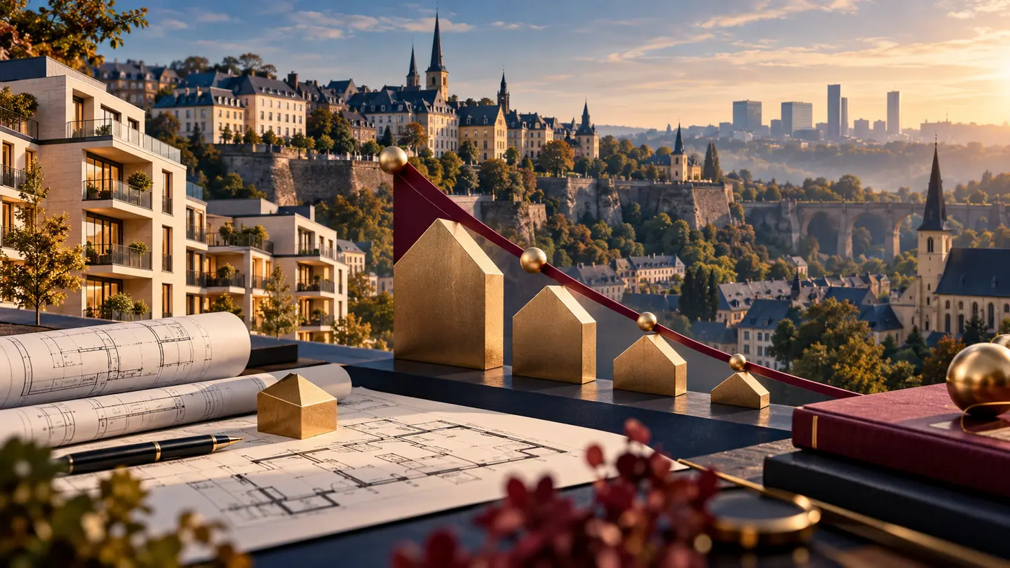 Immeubles résidentiels et plans architecturaux devant une silhouette abstraite de la ville de Luxembourg.