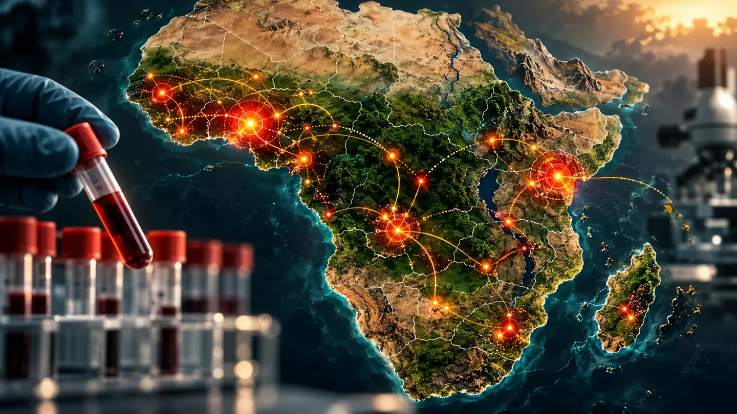 Carte abstraite de l’Afrique, tubes de laboratoire et chemins lumineux de traçage épidémiologique.