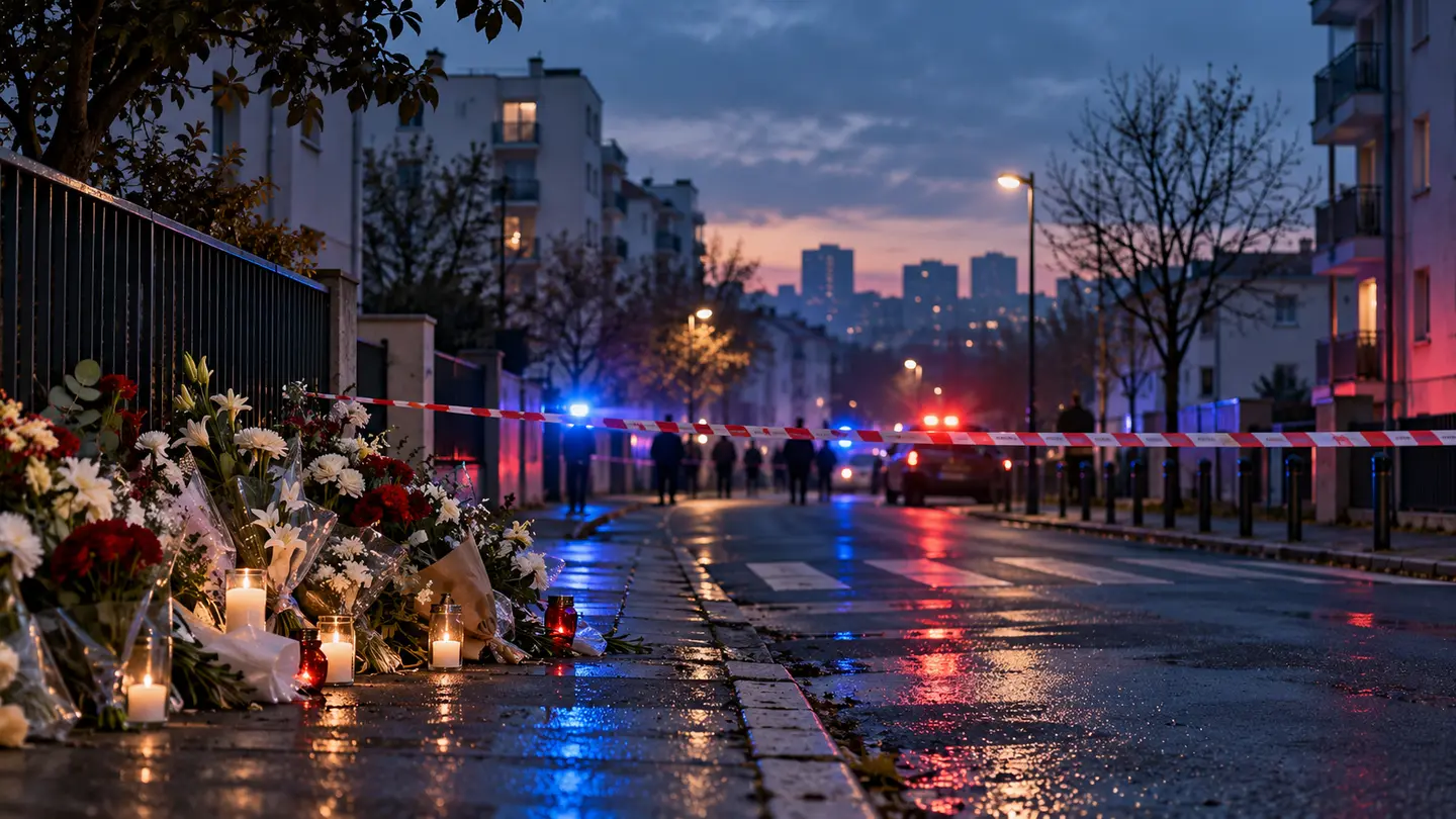 Rue de banlieue vide au crépuscule, cordon de police abstrait, fleurs et lueurs d’urgence au loin.