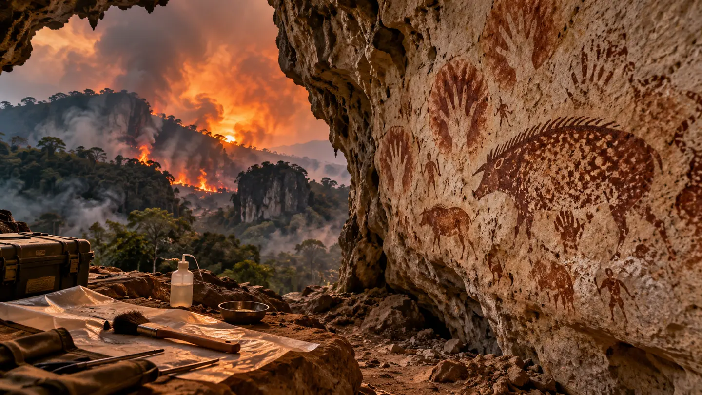 Paroi de grotte ornée d’art préhistorique, tandis que fumée et flammes avancent dans le paysage karstique extérieur.