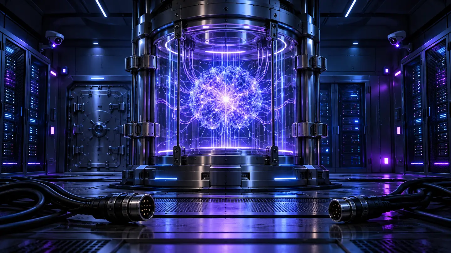 Noyau abstrait d’intelligence artificielle isolé dans une installation numérique sans liaison extérieure.