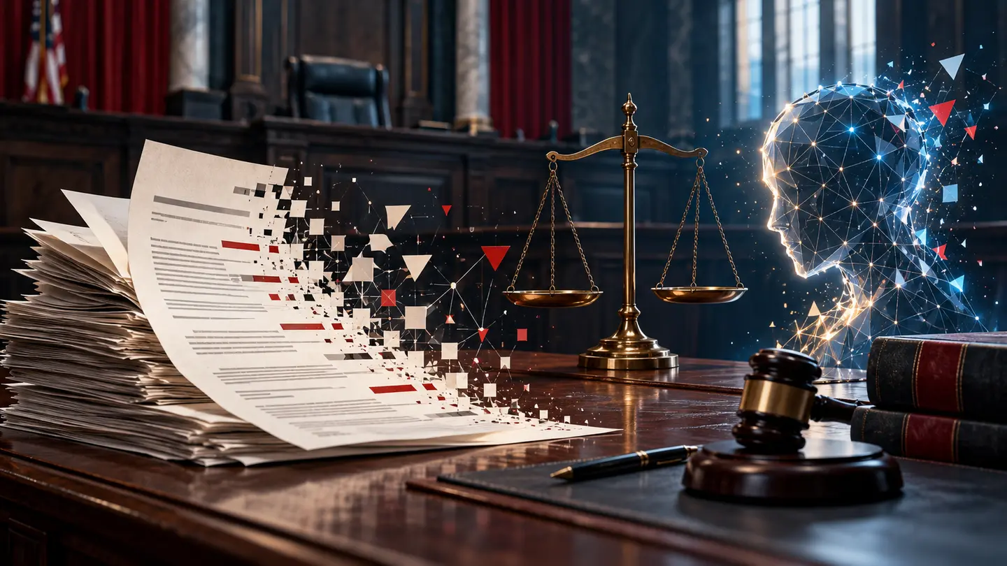 Bureau de tribunal, balance et documents dont les citations se fragmentent auprès d’un réseau d’intelligence artificielle.