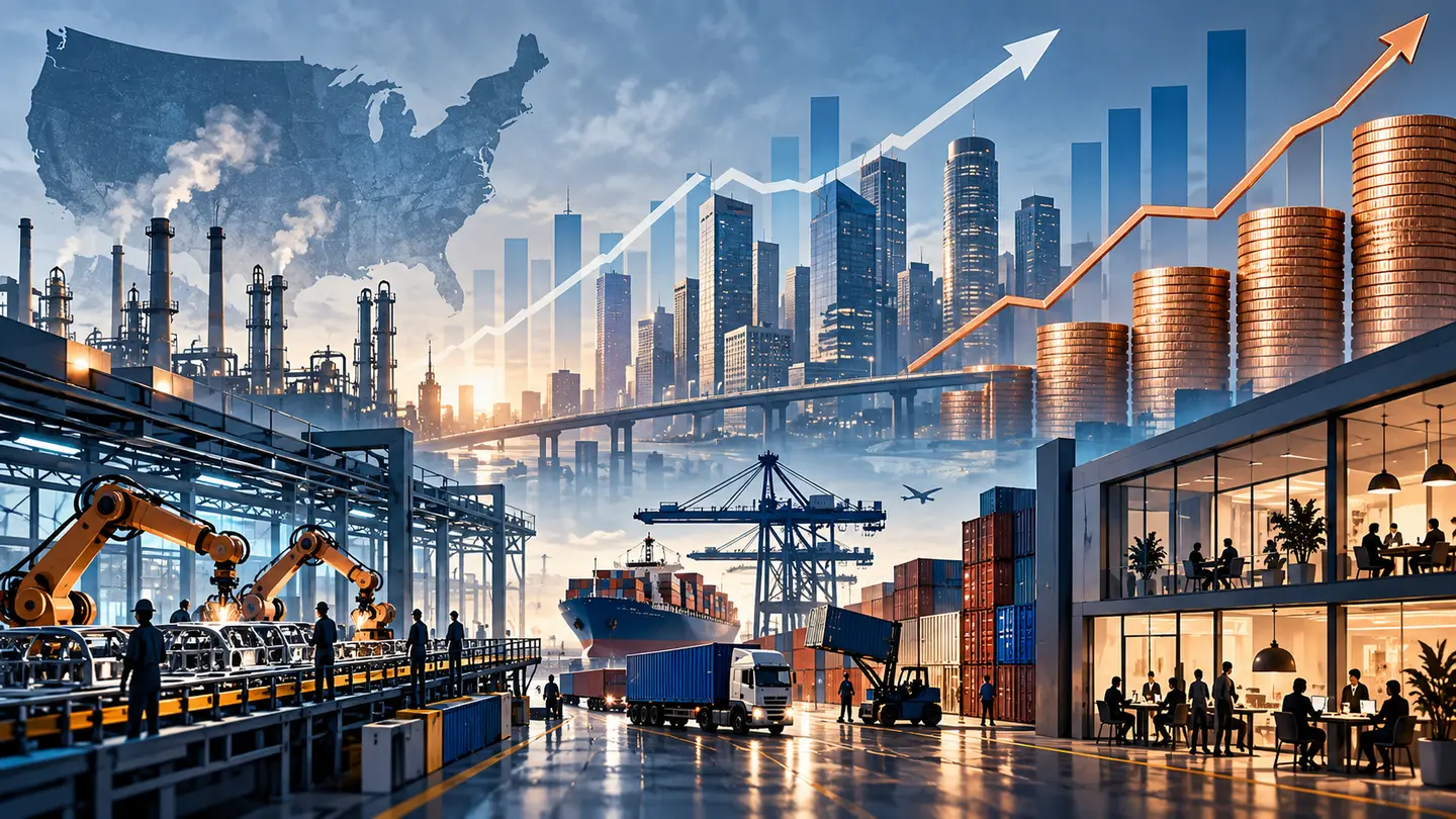 Usine, services et chaîne logistique reliés par des courbes abstraites d’activité et de pression sur les prix.