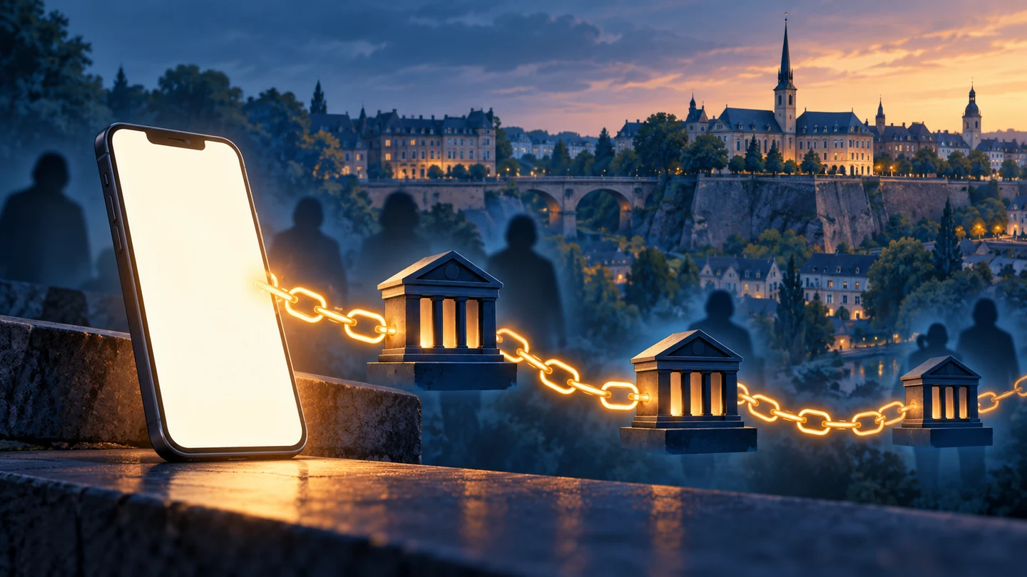 Téléphone générique et chaîne abstraite de comptes bancaires devant une silhouette du Luxembourg.