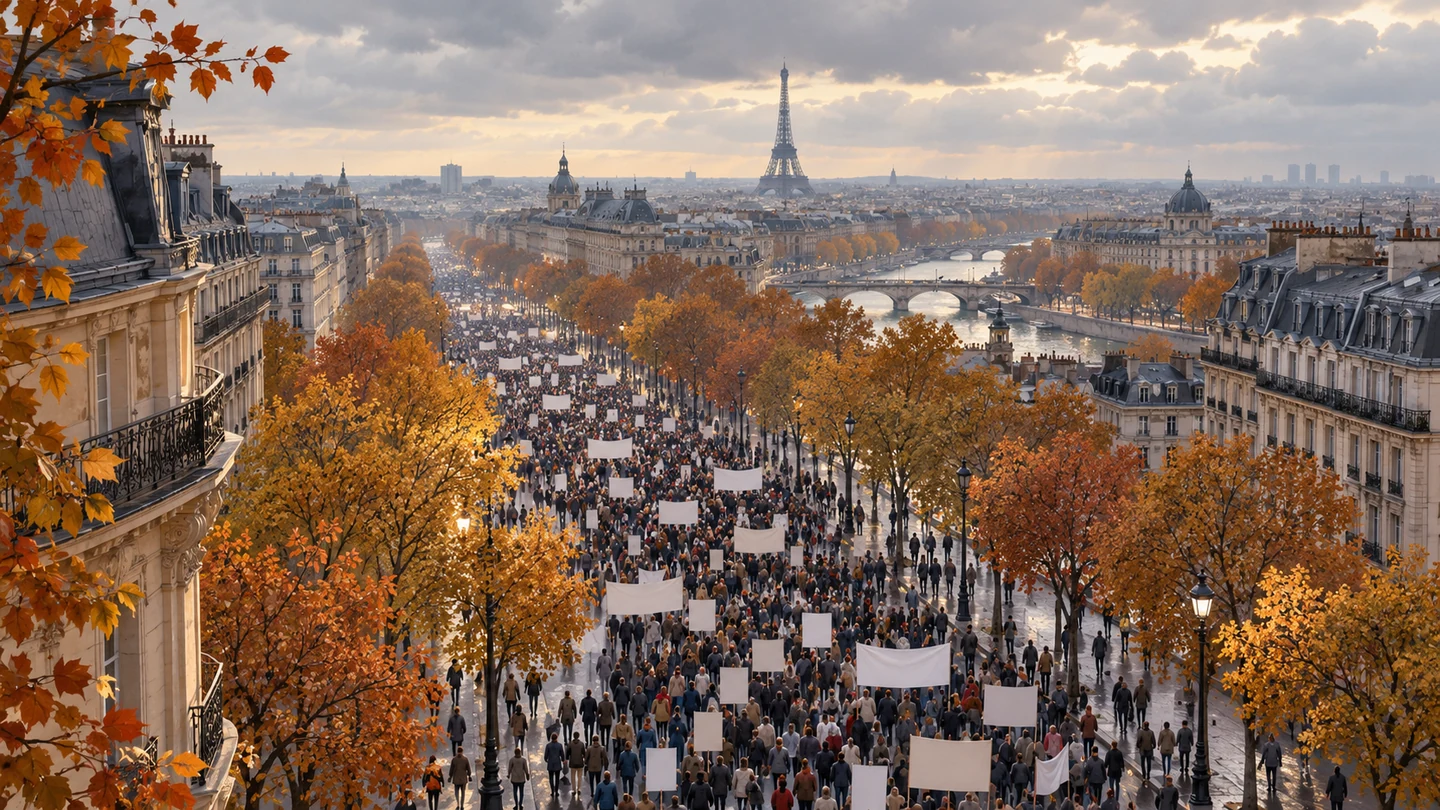 Foule anonyme dans une avenue parisienne, avec des pancartes sans texte.