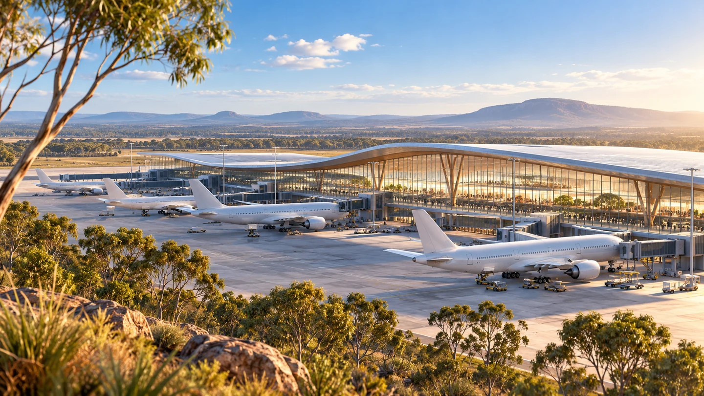 Terminal aéroportuaire moderne et avion générique dans un paysage australien.
