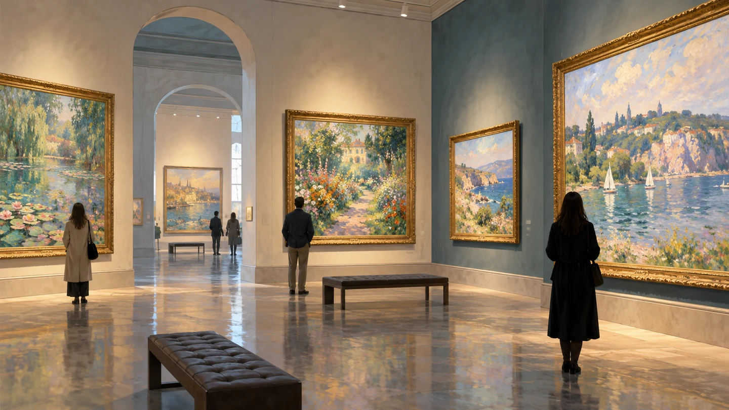 Galerie de musée avec des paysages impressionnistes originaux et des visiteurs anonymes.