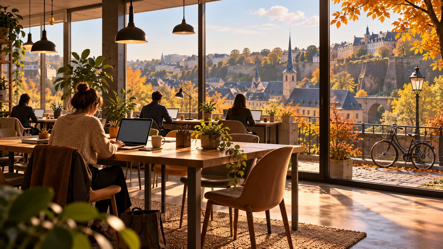 Espace de travail partagé donnant sur une ville luxembourgeoise.