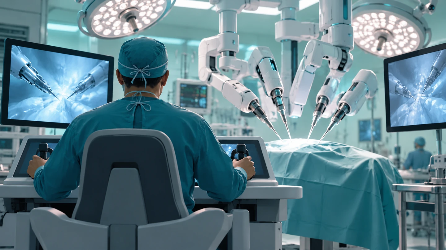 Bras de robot chirurgical sous supervision médicale dans une scène conceptuelle.