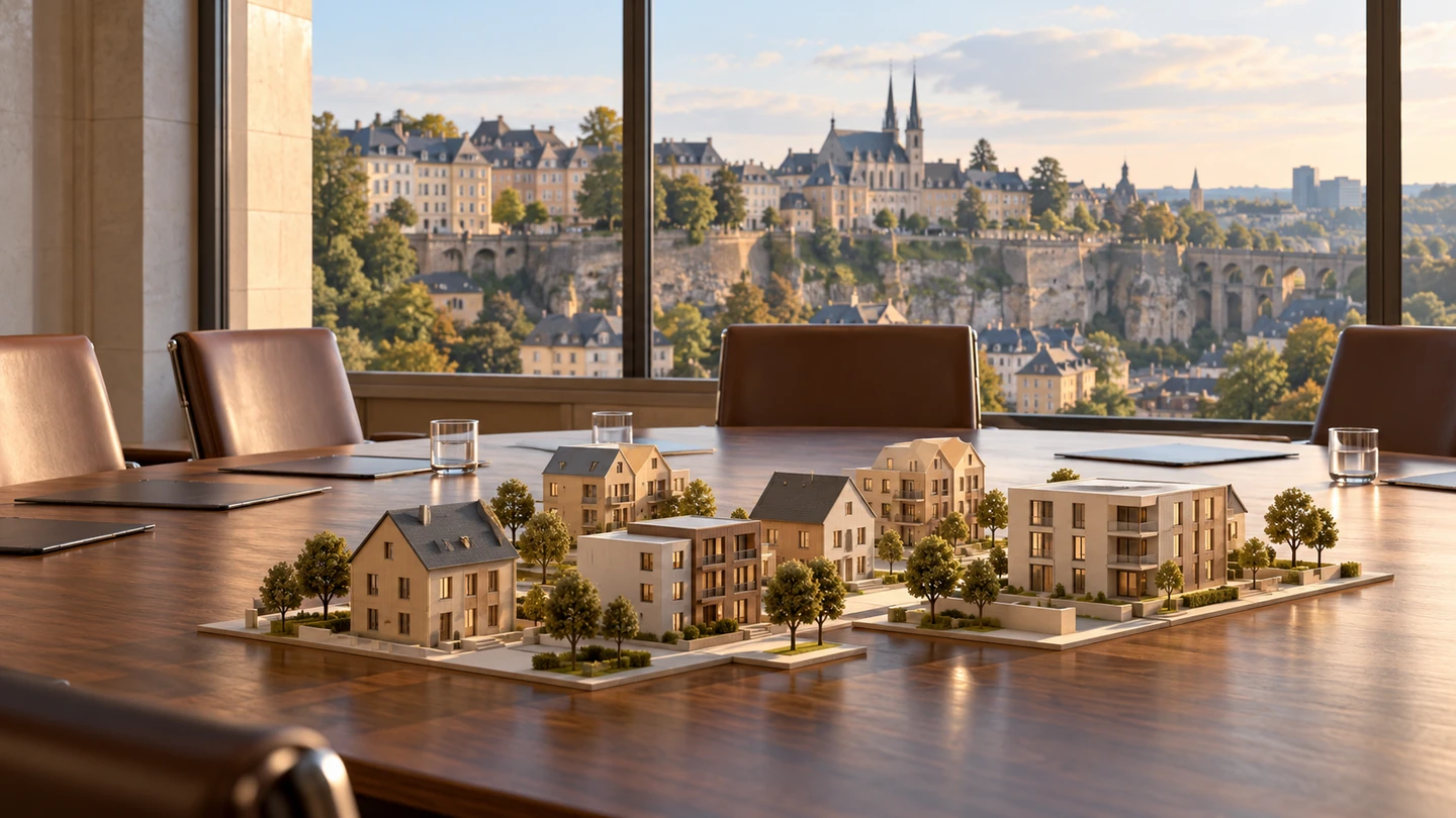 Maquettes de logements sur une table de réunion devant un paysage urbain luxembourgeois.
