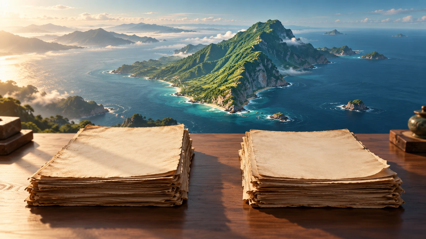 Littoral insulaire et documents d’archives sans texte, dans une image conceptuelle.