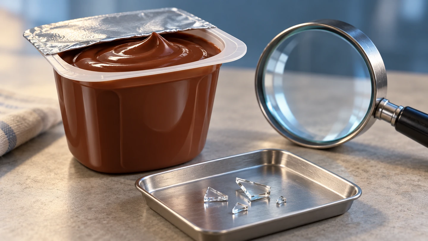 Pot générique de dessert au chocolat et loupe montrant des fragments de verre séparés.