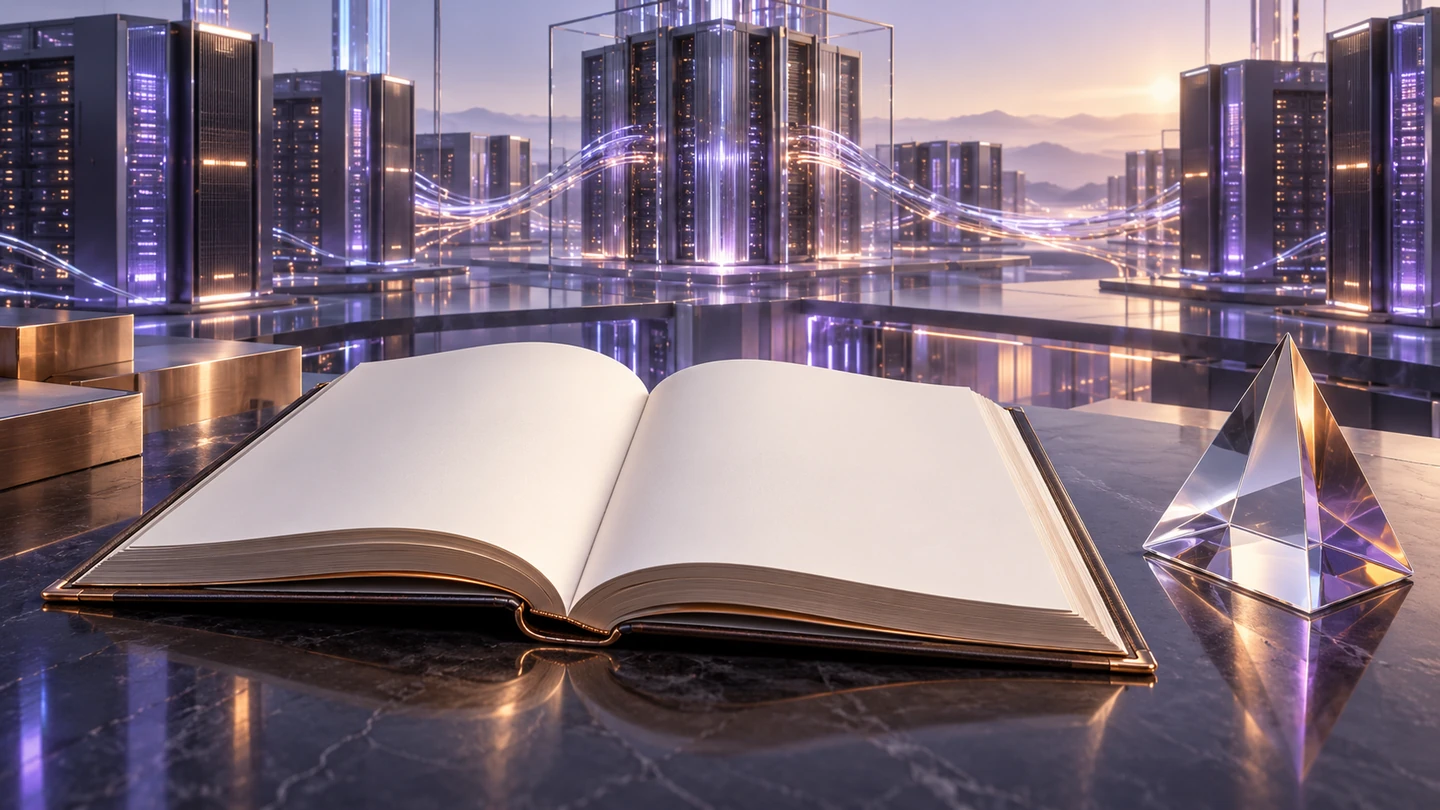 Infrastructure informatique et registre comptable vierge, dans une image conceptuelle.
