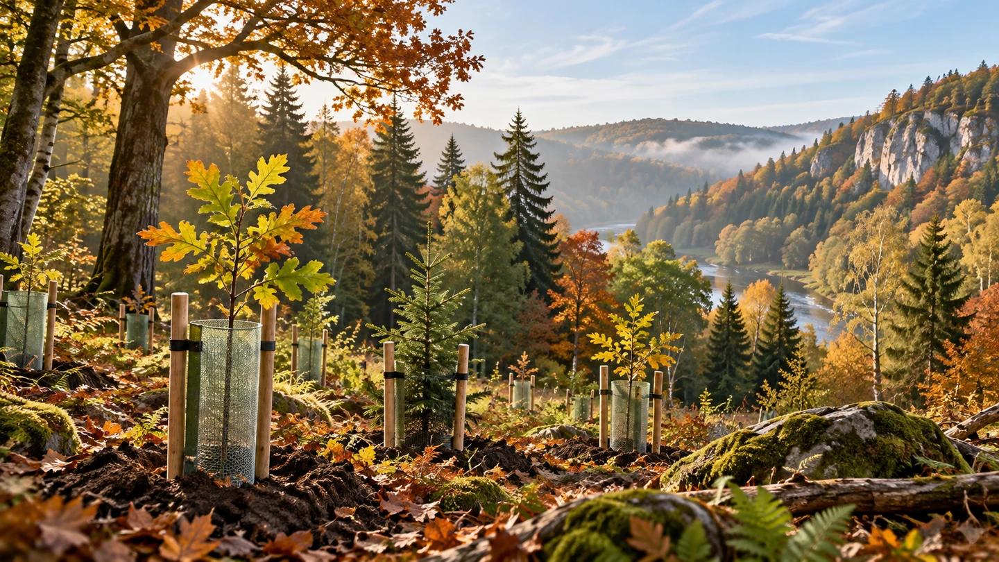 Jeunes arbres dans une forêt mixte, illustration conceptuelle.