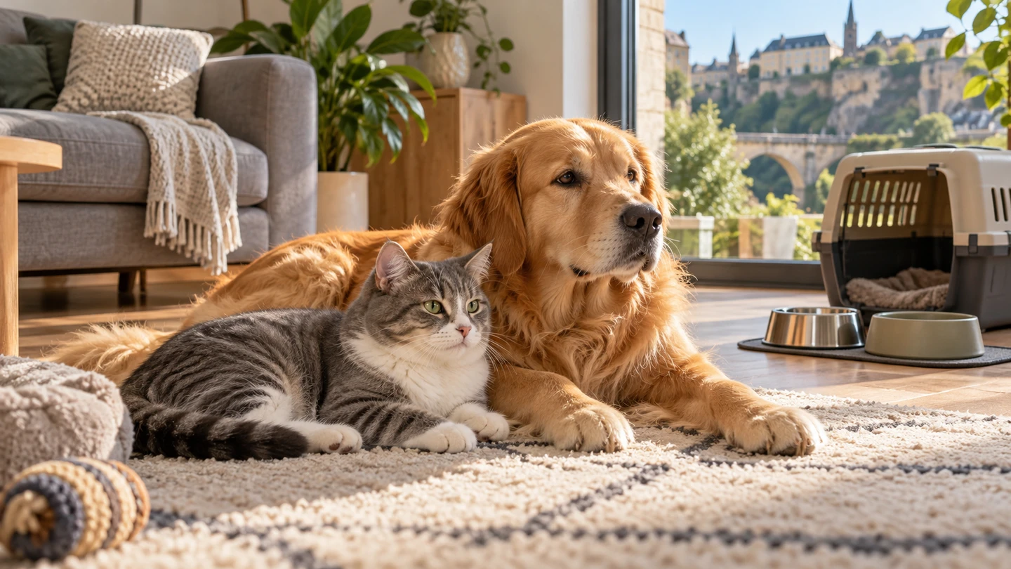 Chat et chien dans un intérieur domestique sans personne.