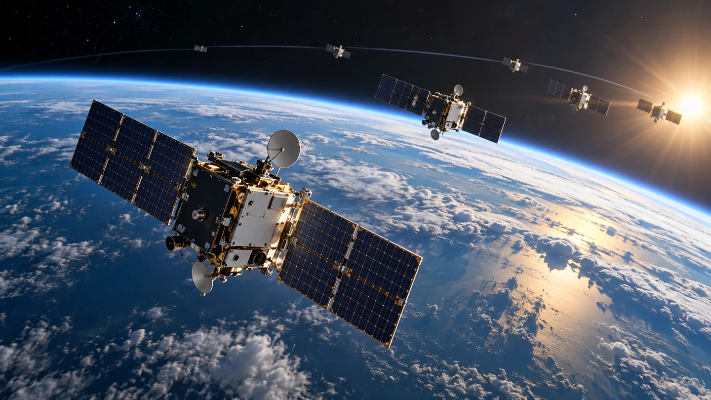 Constellation conceptuelle de satellites en orbite terrestre.