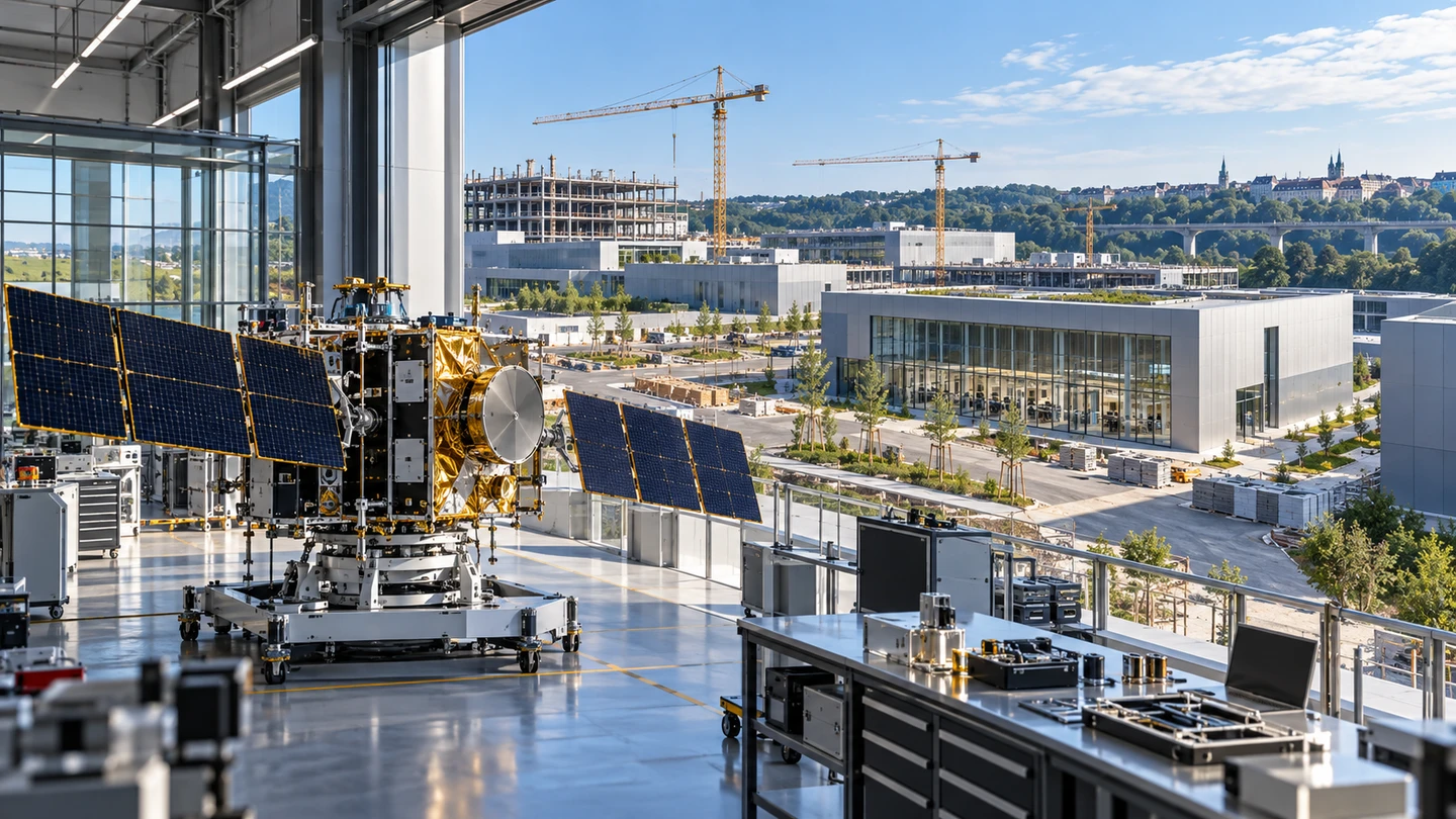 Chantier et atelier de satellites dans une représentation conceptuelle.