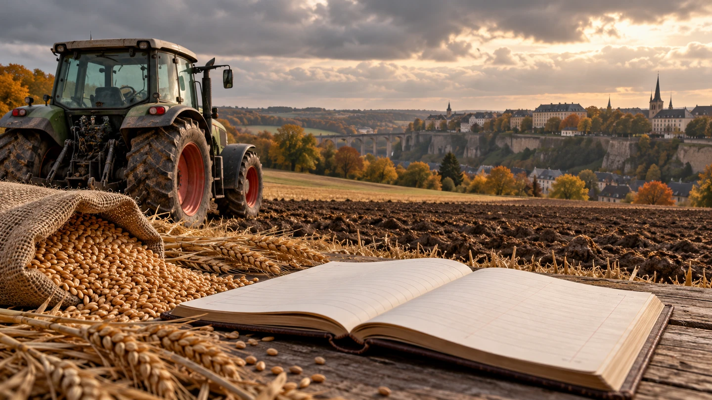 Tracteur dans un champ et registre comptable vierge.
